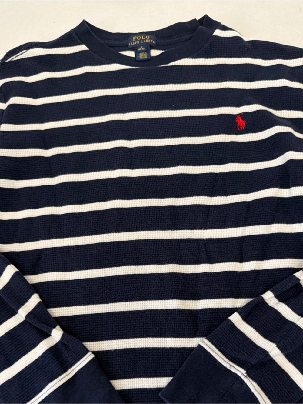 Polo by Ralph Lauren Navy & White Striped Crewneck Waffle Weave with Red Pony